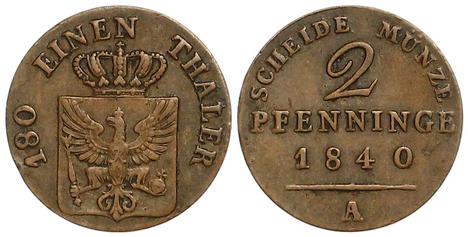 Foto Brandenburg-Preußen 2 Pfennig 1840 A