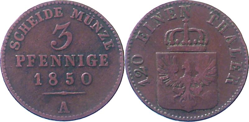 Foto Brandenburg-Preußen 3 Pfennige 1850 A
