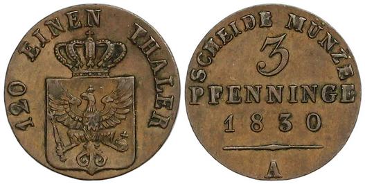 Foto Brandenburg-Preußen Cu 3 Pfennig 1830 A