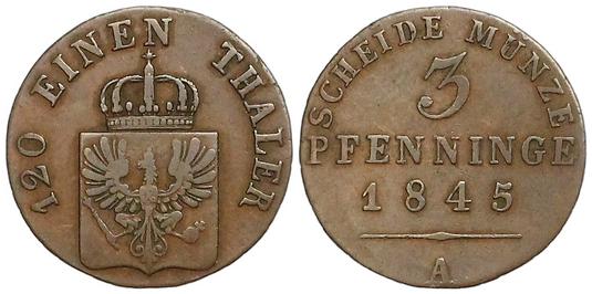 Foto Brandenburg-Preußen Cu 3 Pfennig 1845 A