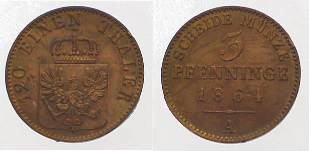Foto Brandenburg-Preußen Cu 3 Pfennig 1864 A