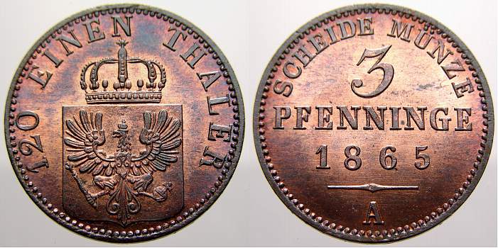 Foto Brandenburg-Preußen Cu 3 Pfennig 1865 A