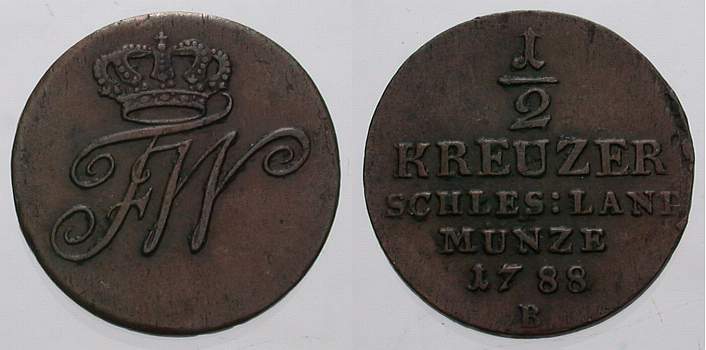 Foto Brandenburg-Preußen Kupfer 1/2 Kreuzer 1788 B