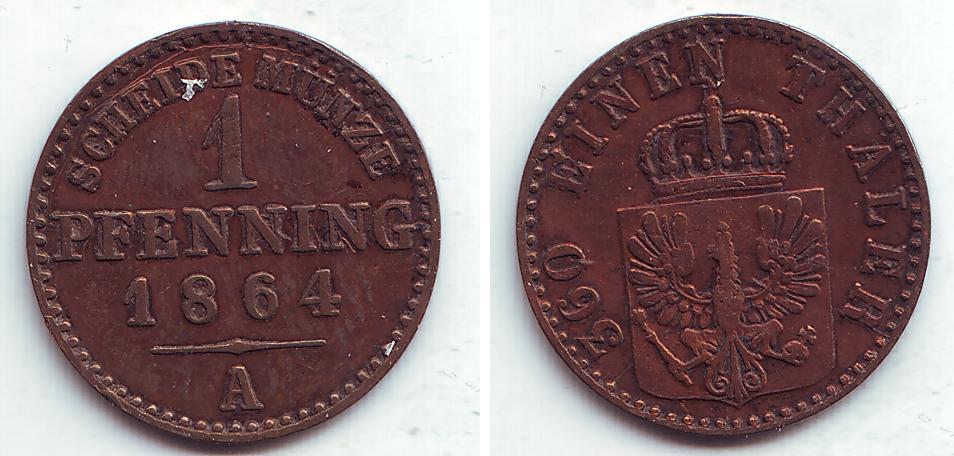 Foto Brandenburg Preussen 1 Pfennig 1/360 Taler 1864 A
