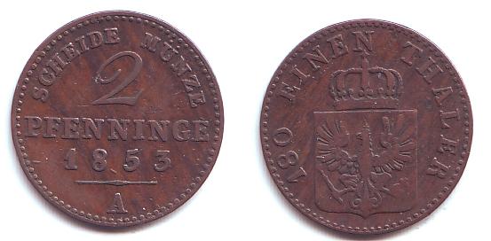 Foto Brandenburg Preussen 2 Pfennig 1853 A