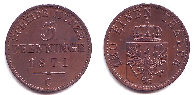 Foto Brandenburg Preussen 3 Pfennige 1/120 Taler 1871 C