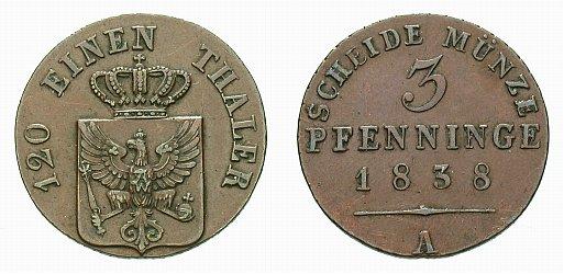 Foto Brandenburg-Preussen Cu-3 Pfennig 1838 A