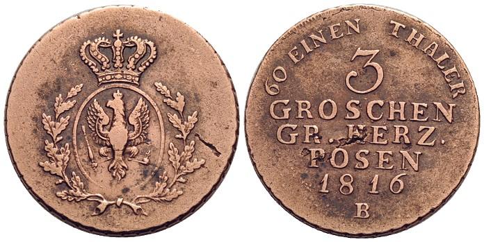 Foto Brandenburg-Preussen Für das Großherzogtum Posen, Cu-3 Groschen 1816