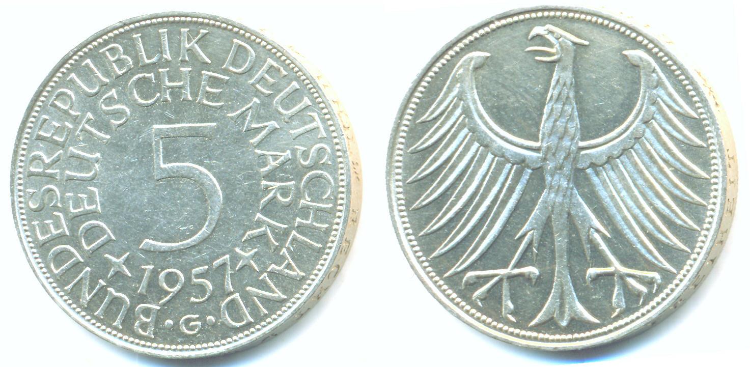 Foto Brd: 5 Deutsche Mark, Kursmünze, 1957 G,