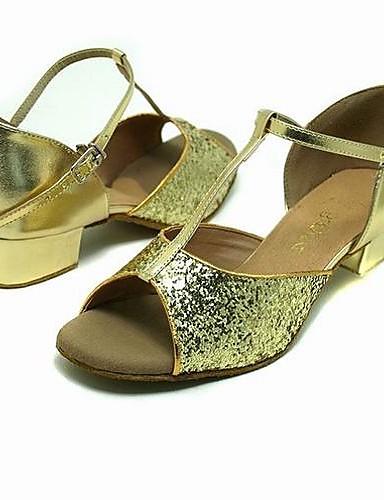 Foto brillante brillo superior de oro zapatos de tacón bajo de baile de salón latino zapatos para los niños más colores