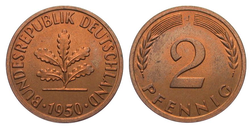 Foto Bundesrepublik Deutschland 2 Pfennig 1950 J