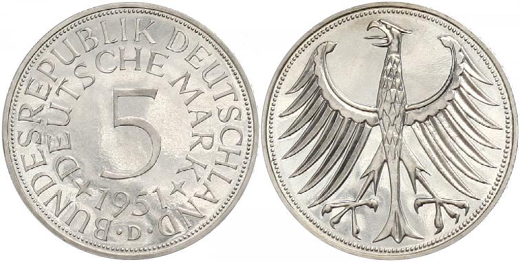Foto Bundesrepublik Deutschland 5 Mark 1951 D