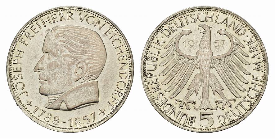 Foto Bundesrepublik Deutschland 5 Mark 1957 J, Eichendorff