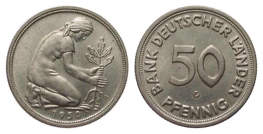 Foto Bundesrepublik Deutschland 50 Pfennig Bank Deutscher Länder 1950 G