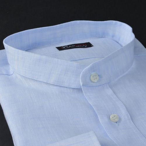 Foto Camisa color liso azul claro lino tela, cuello estilo mao, puño limado