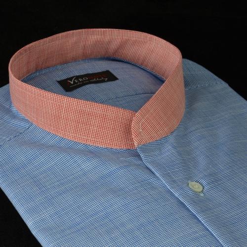 Foto Camisa color liso azul marino algodón zephir oekotex, cuello estilo mao sin botón, puño redondo