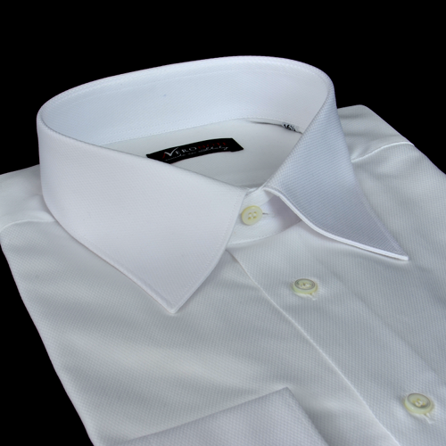 Foto Camisa color liso blanco algodón sarga, cuello estilo italiano clásico, puño recto