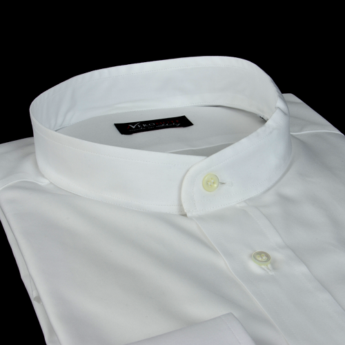 Foto Camisa color liso blanco algodón tela doble torzal, cuello estilo mao, puño redondo