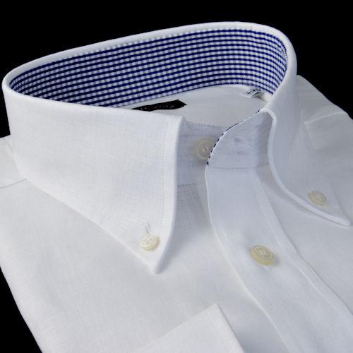 Foto Camisa color liso blanco lino tela, cuello estilo button-down, puño redondo