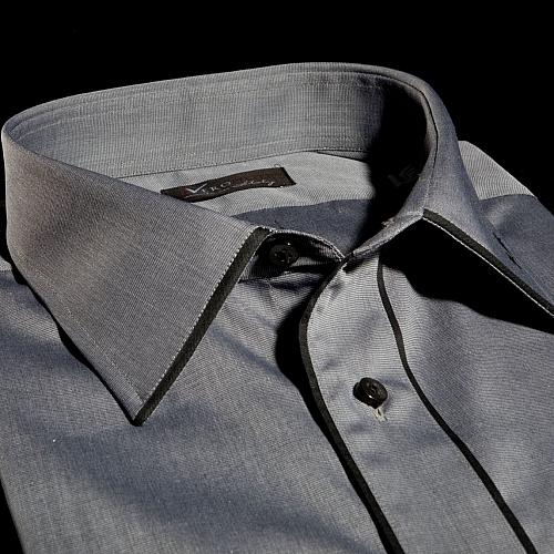 Foto Camisa color liso gris algodón fil-a-fil, cuello estilo italiano estándar, puño redondo