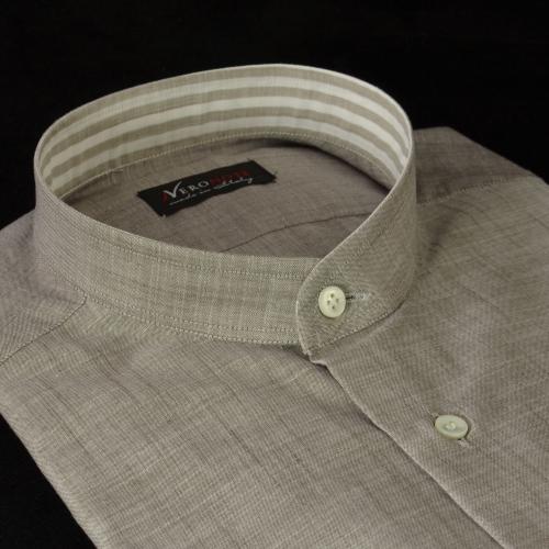 Foto Camisa color liso marrón algodón zephir oekotex, cuello estilo mao, puño limado