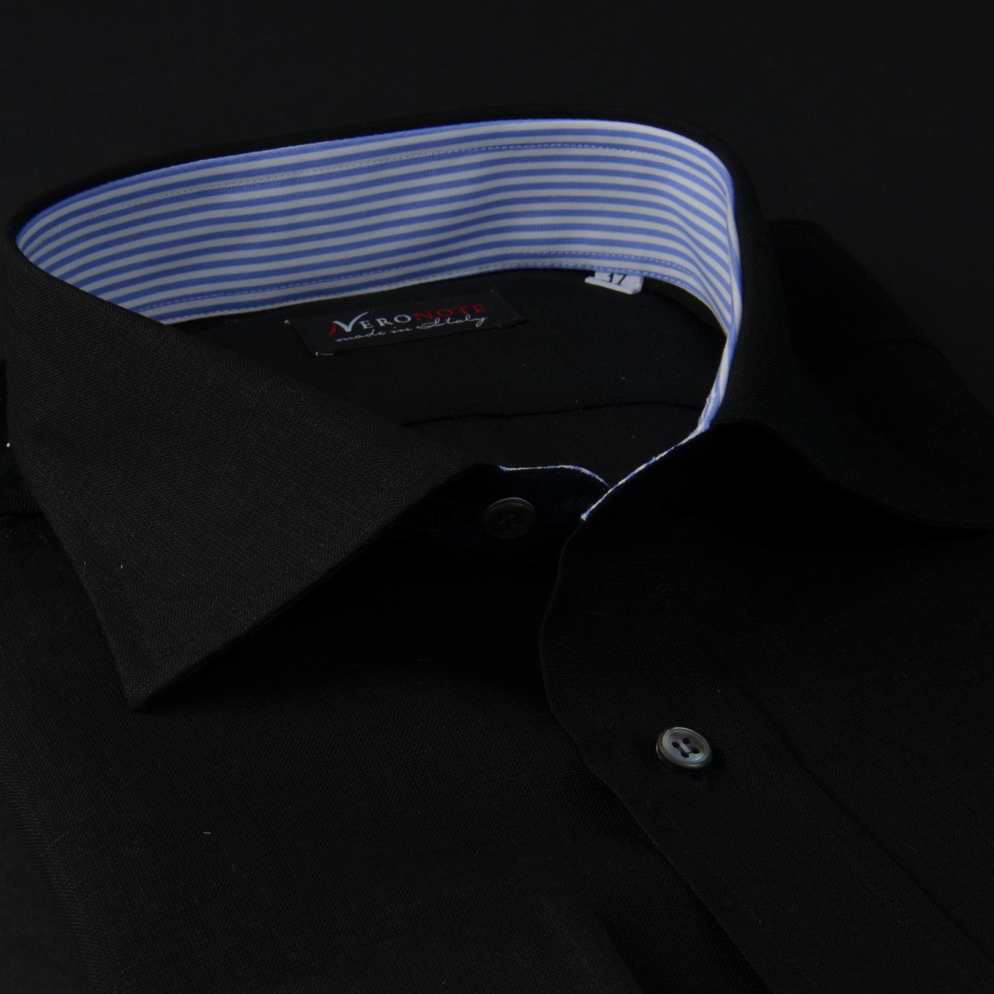 Foto Camisa color liso negro lino tela, cuello estilo semifrancés, puño limado
