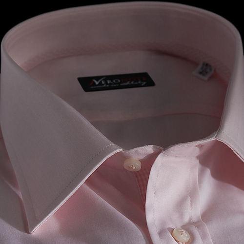 Foto Camisa color liso rosa algodón fil-a-fil, cuello estilo italiano bajo, puño doble botón