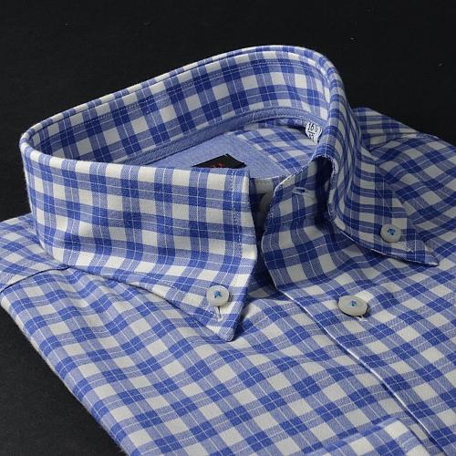 Foto Camisa cuadros azul marino algodón cheurón (tejido espigado), cuello estilo button-down, puño doble botón