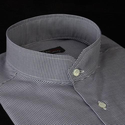 Foto Camisa cuadros azul marino algodón sarga oekotex, cuello estilo cuello mao limado, puño recto