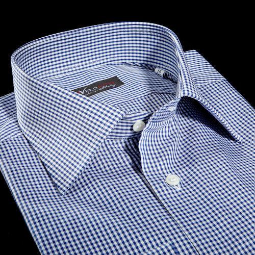 Foto Camisa cuadros azul marino algodón tela, cuello estilo italiano estándar, puño limado