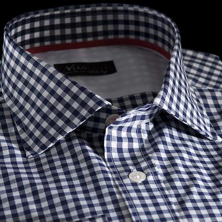 Foto Camisa cuadros azul marino algodón zephir, cuello estilo semifrancés, puño limado