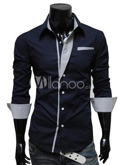 Foto Camisa de algodón azul marino oscuro elegante Varonil Moda Casual