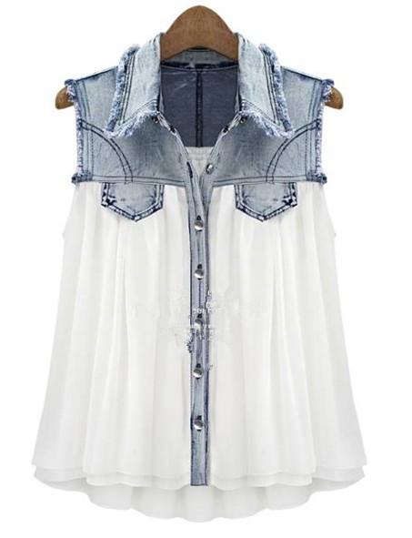 Foto Camisa denim combinada-Azul&Blanco