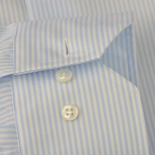 Foto Camisa rayas azul marino algodón fil-a-fil, cuello estilo cuello mao limado, puño doble botón