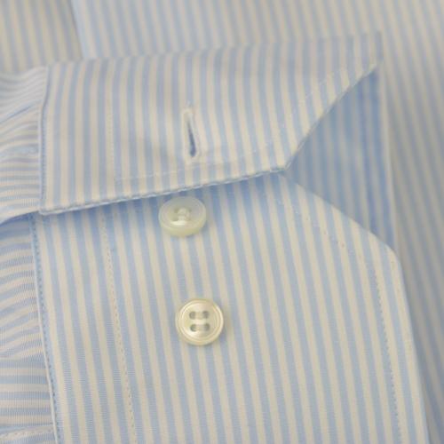 Foto Camisa rayas azul marino algodón fil-a-fil, cuello estilo cuello mao limado, puño doble botón