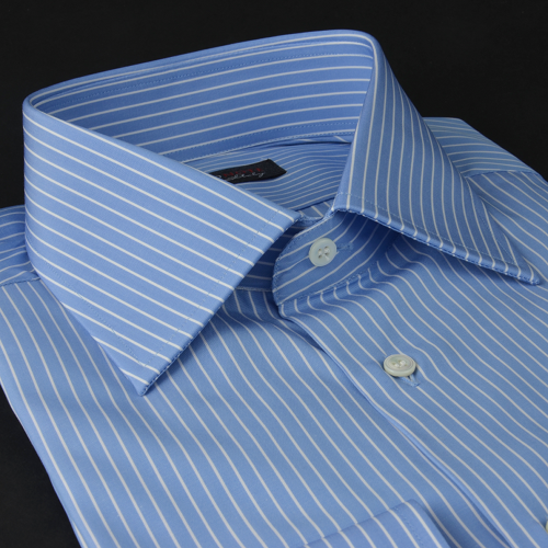 Foto Camisa rayas azul marino algodón tela doble torzal, cuello estilo italiano estándar, puño limado