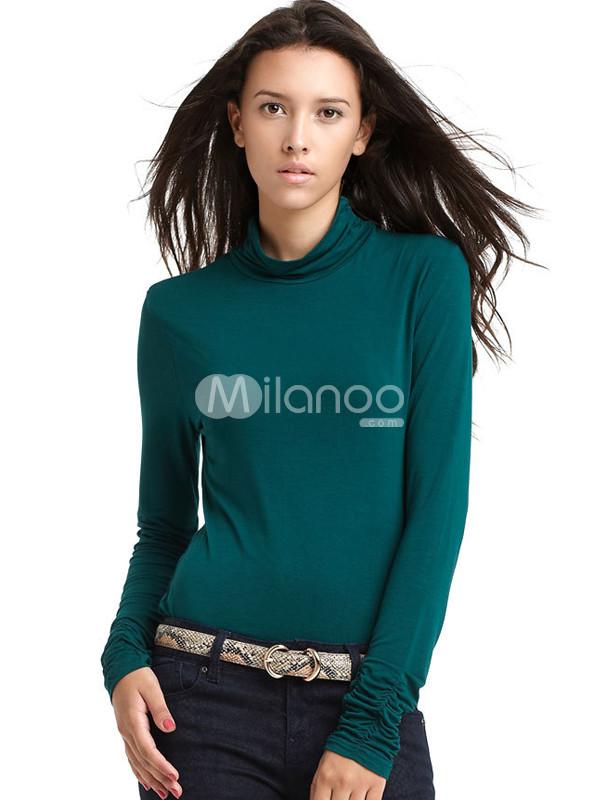 Foto Camiseta de manga larga de sólido Color viscosa Spandex alto cuello de la mujer