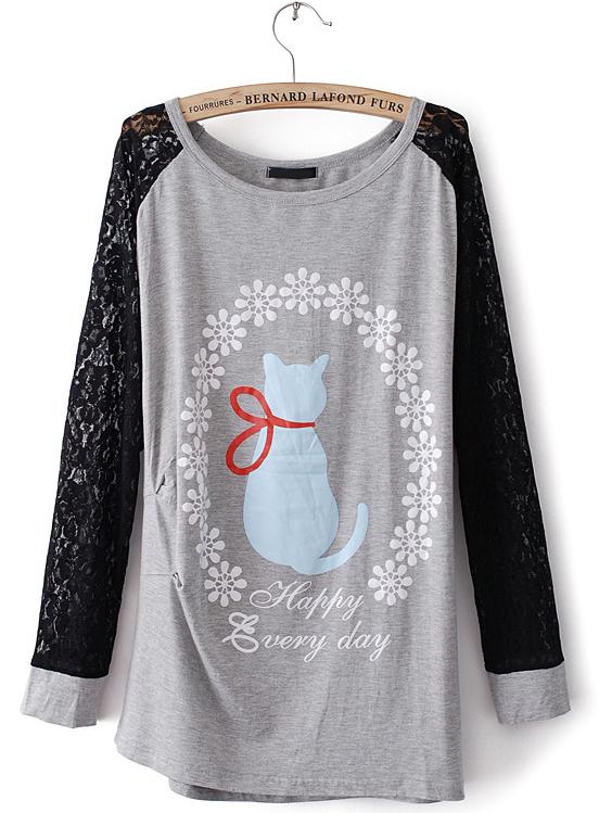 Foto Camiseta estampada Gatos mangas encaje-Gris