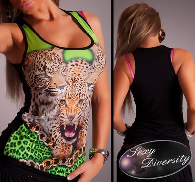 Foto Camiseta Fashion Verde Neón Con Estampado Leopardo  >>talla Única<<