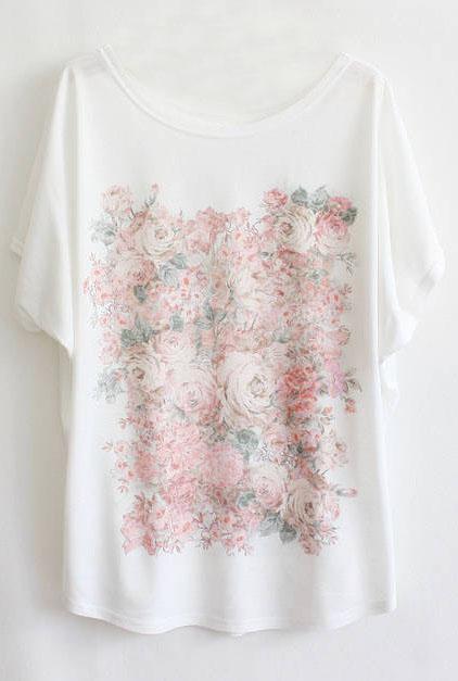Foto Camiseta manga murcielago estampada flores-Blanco