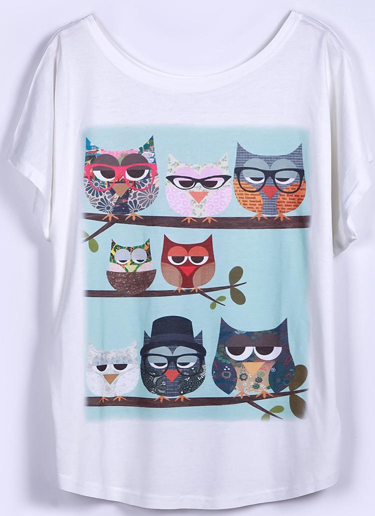 Foto Camiseta suelta estampada Familia de Buhó mangas cortas-Blanco