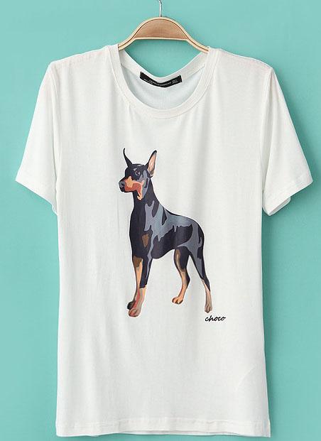 Foto Camiseta suelta estampada Perro mangas cortas-Blanco