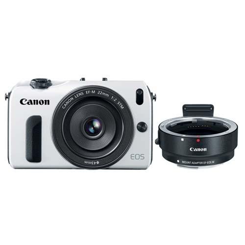 Foto Canon EOS M con lente de 22mm f/2 STM y Kit de adaptador de montaje del EF-EOS M (blanco)