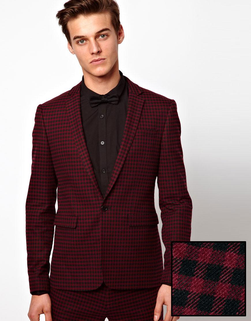 Foto Chaqueta de traje entallada a cuadros guinga de ASOS Burgundy / black