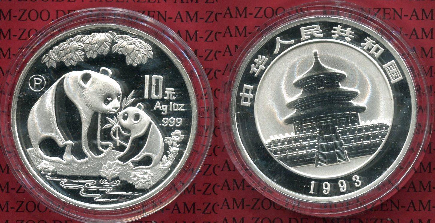 Foto China Volksrepublik, Prc 10 Yuan 1 Unze Silber Panda 1993 P