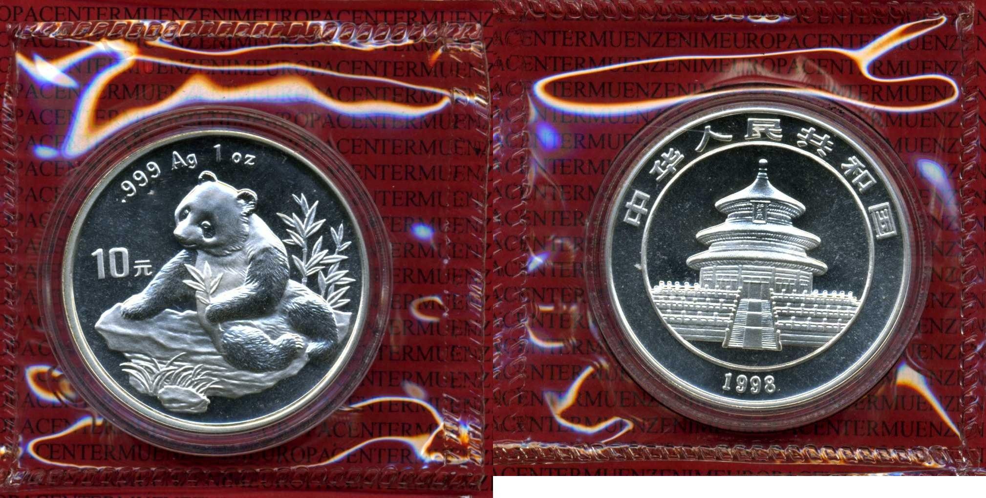 Foto China Volksrepublik Prc 10 Yuan Panda 1 Unze Silber 1998