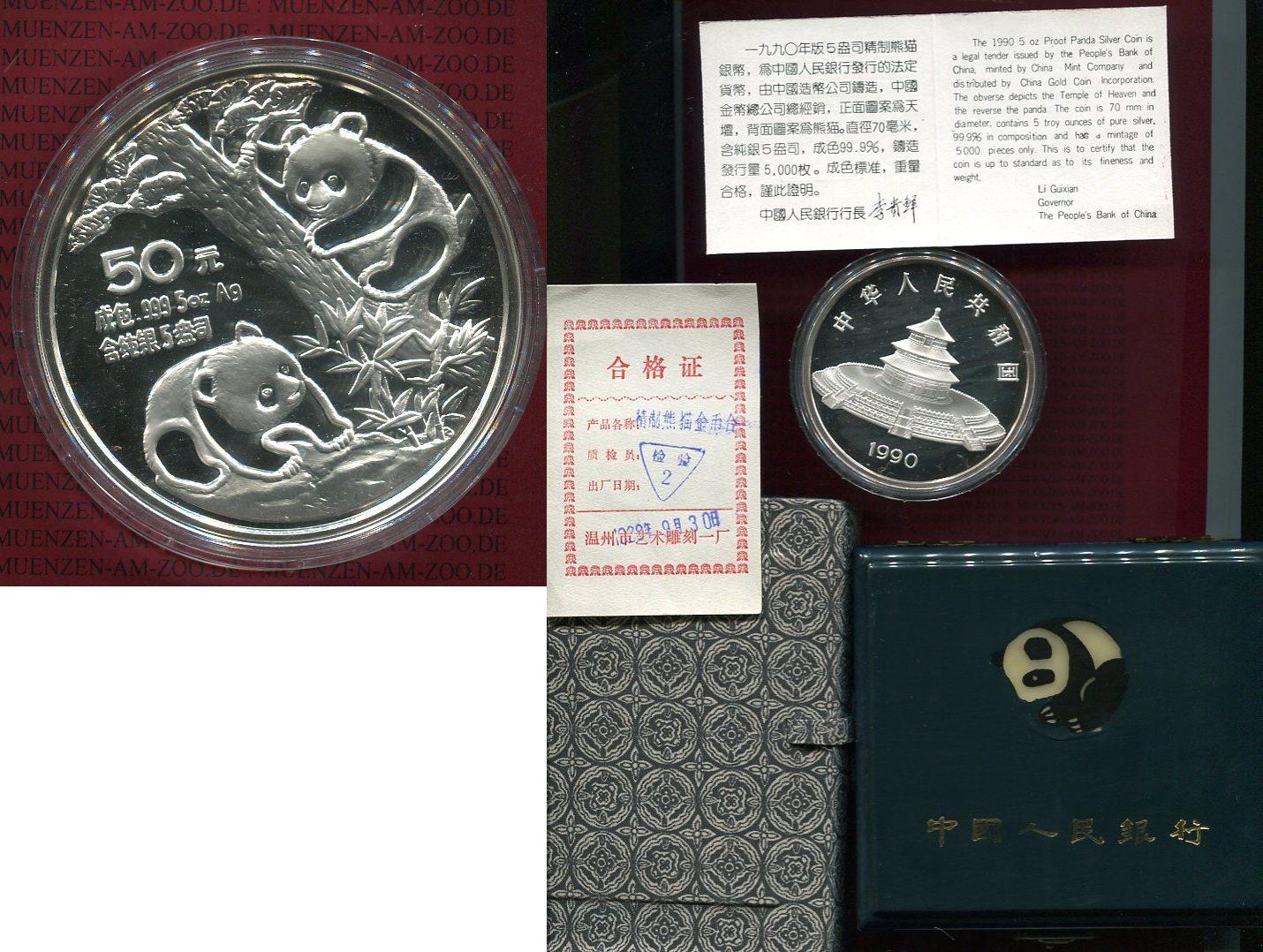 Foto China Volksrepublik Prc 50 Yuan Panda 5 Unzen Silber 1990