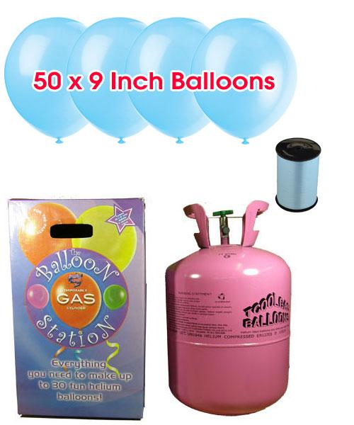 Foto Cilindro descartable de gas de helio con 50 globos de Azul bebé y cint