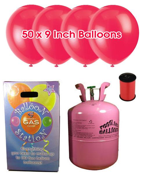 Foto Cilindro descartable de gas de helio con 50 globos Rojo Rubí y cintas