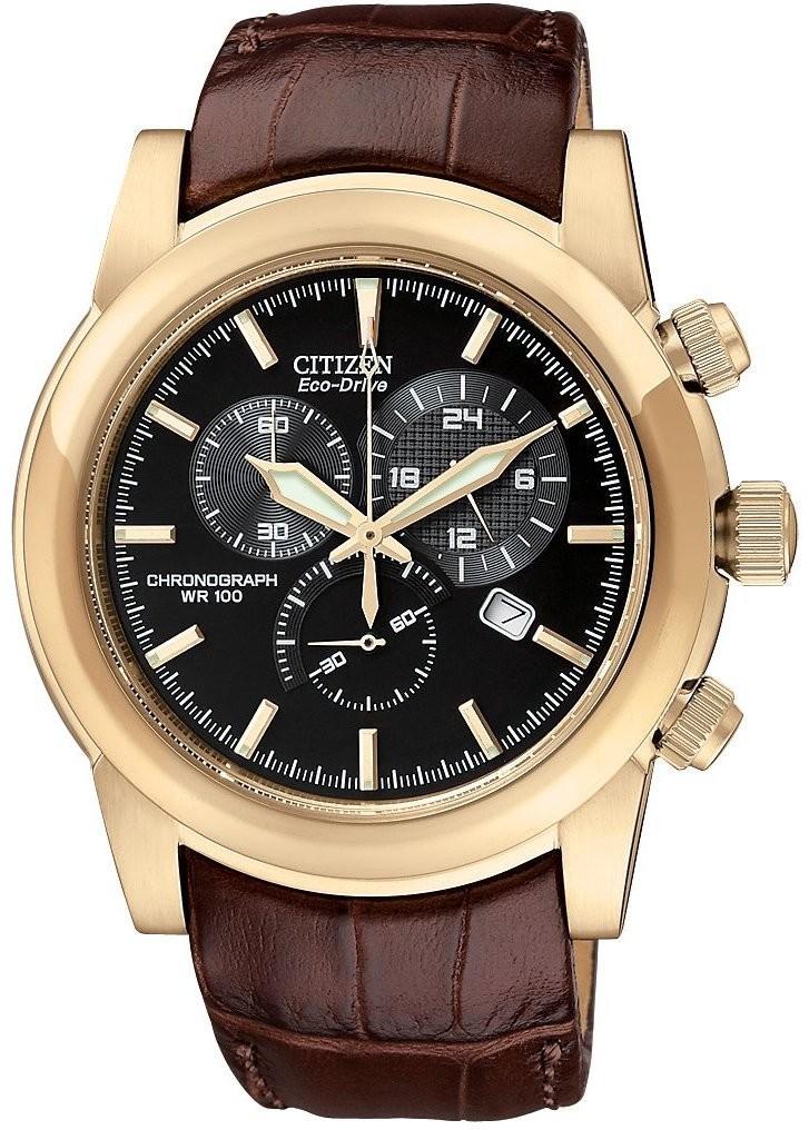 Foto Citizen Mens Eco-Drive Chronograph Stainless Watch - Brown Leather Strap - Black Dial - AT0553-05E